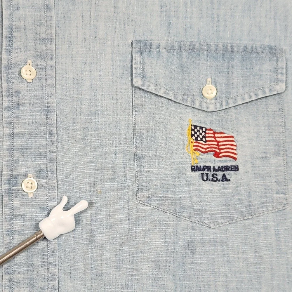 Ralph Lauren Shirt Mens XXL Blue Chambray Denim USA Flag Embroidered Western